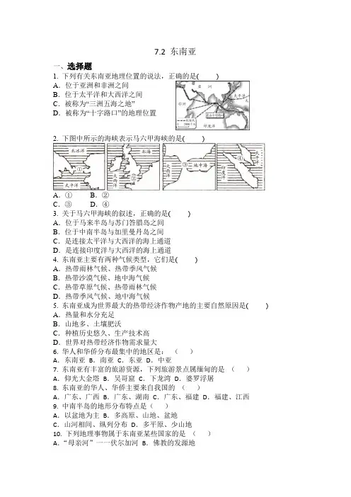 7.2 东南亚同步测试题(含答案)2022-2023学年人教版七年级地理下册
