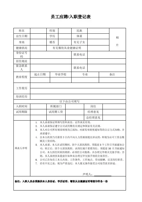 餐饮员工应聘及入职登记表