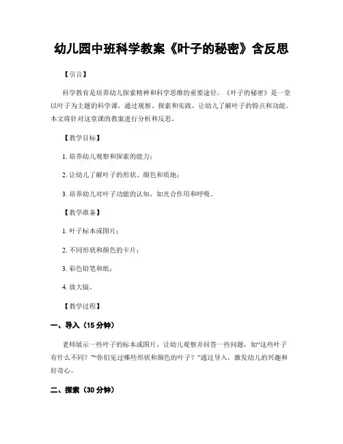 幼儿园中班科学教案《叶子的秘密》含反思