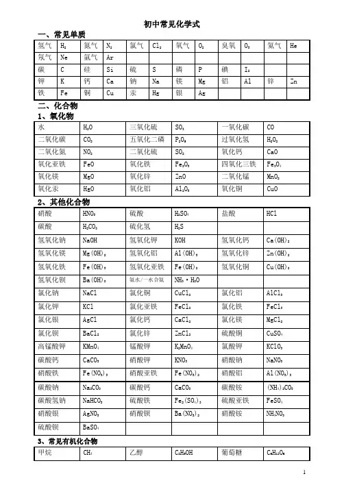 初中常见化学式