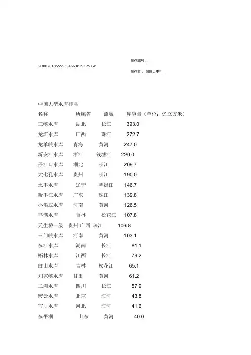 中国各大水库容量排名-中国水库容积排名