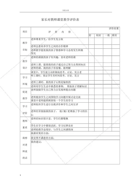 家长对教师课堂教学评价表.doc