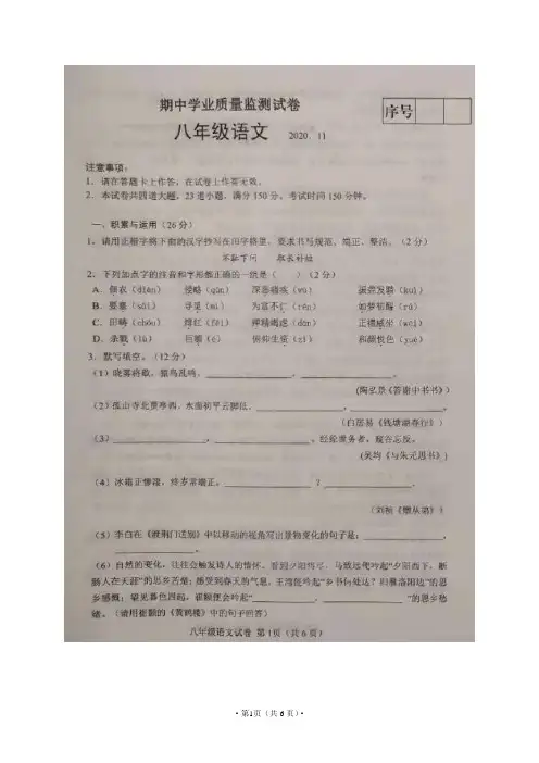 辽宁省大连市金普新区2020-2021学年八年级上学期期中考试语文试题(图片版)