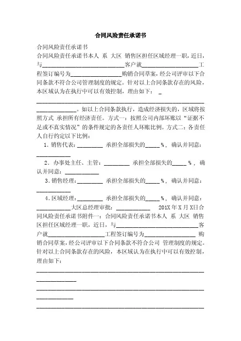 合同风险责任承诺书（范文）