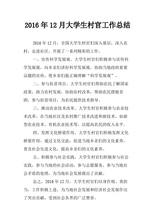 2016年12月大学生村官工作总结