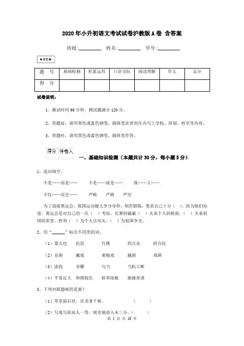 2020年小升初语文考试试卷沪教版A卷 含答案