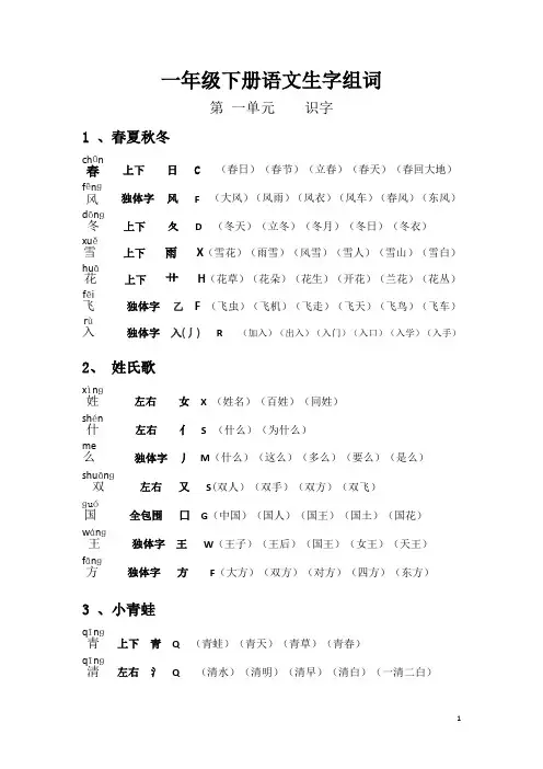 一年级下册语文生字组词