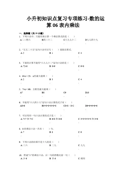 【小升初专项】人教版小学数学六年级下册 知识点专项练习 数的运算06表内乘法(附答案)