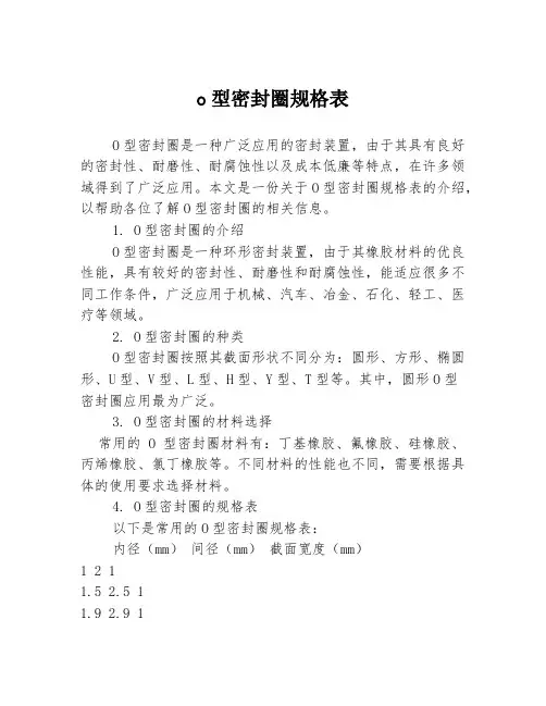 o型密封圈规格表