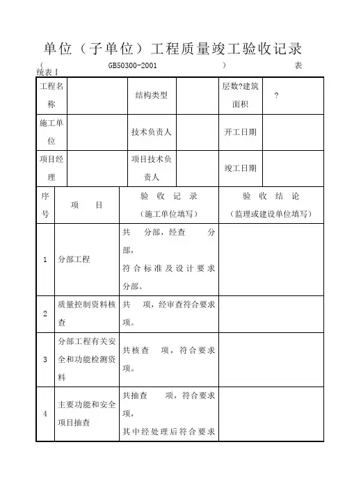 单位工程验收统表