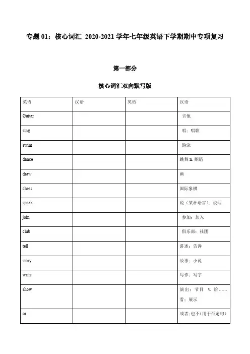 专题01：核心词汇2020-2021学年七年级英语下学期期中专项复习