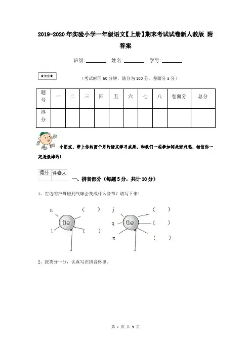 2019-2020年实验小学一年级语文【上册】期末考试试卷新人教版 附答案