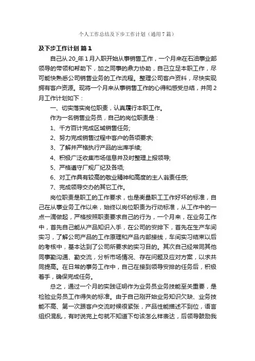 个人工作总结及下步工作计划（通用7篇）