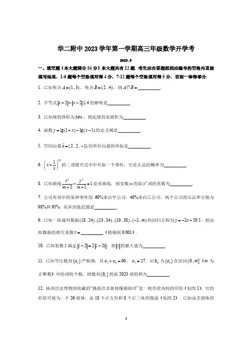 2024届上海华二附中高三上学期开学考数学试卷及答案