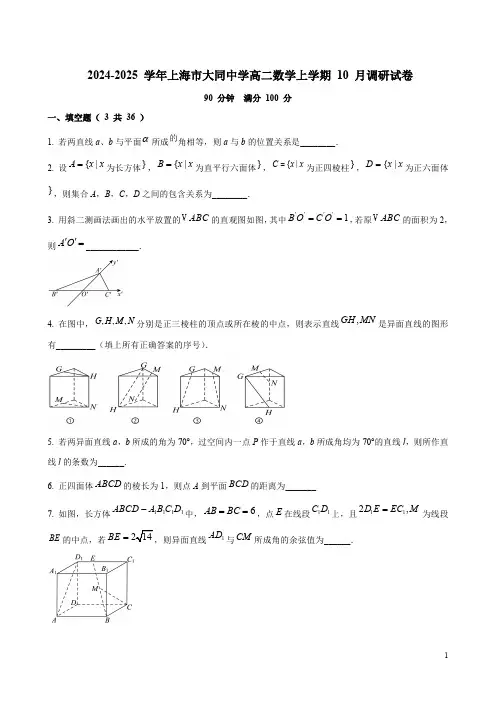 2024-2025 学年上海市大同中学高二数学上学期 10 月调研试卷及答案解析