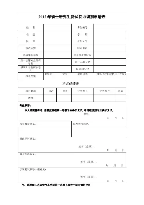 2012年硕士研究生复试院内调剂申请表