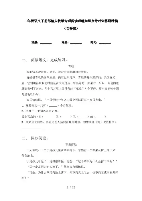 二年级语文下册部编人教版专项阅读理解知识点针对训练题精编(含答案)
