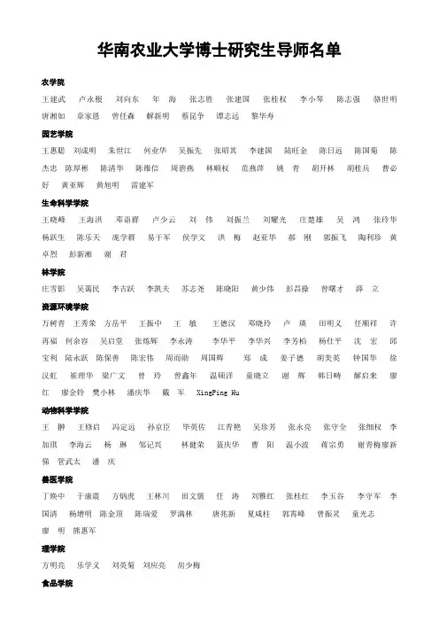 华南农业大学博士研究生导师名单