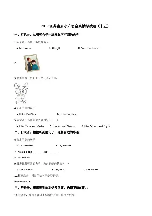 六年级下册英语试题--2019江苏南京小升初全真模拟试题(十五) 全国通用 含答案