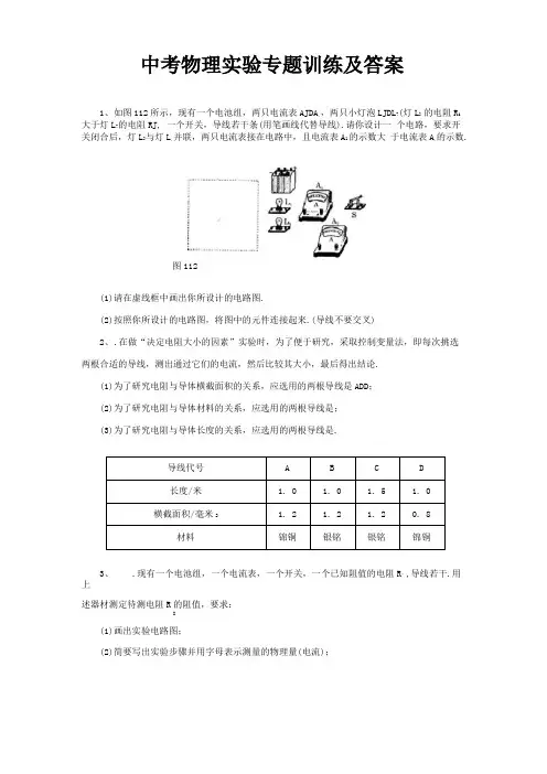 中考物理电学试验专题训练及答案