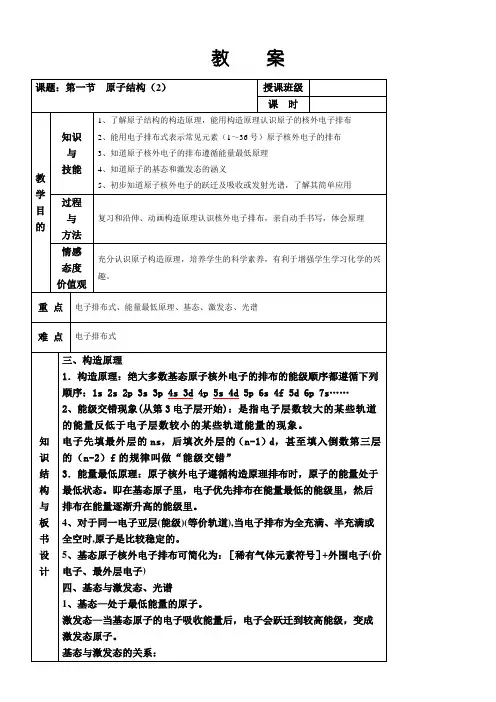 人教版化学选修三原子的结构教案