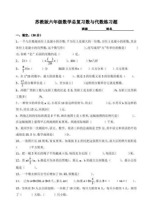 最新2019-2020学年苏教版数学小学六年级下册第七单元《总复习》试题