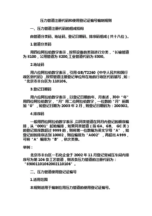 压力管道注册代码和使用登记证编号编制规则