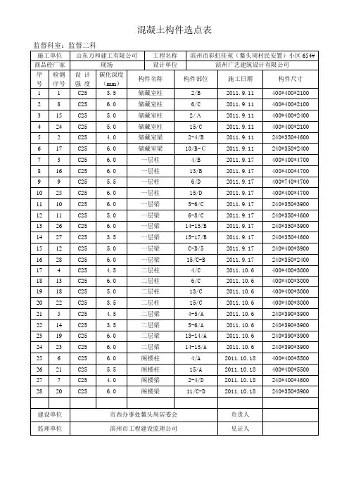 混凝土结构抽检砼构件图纸选点表  回弹