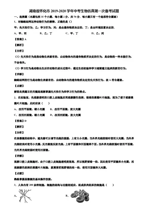 湖南省怀化市2019-2020学年中考生物仿真第一次备考试题含解析