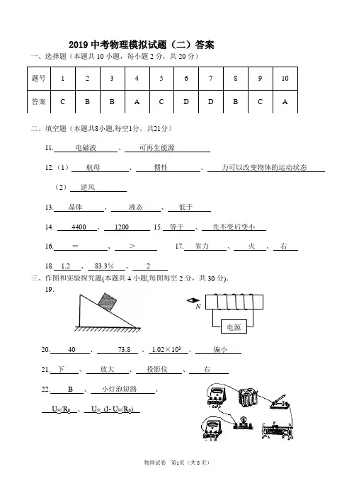 2019中考物理模拟试题及答案