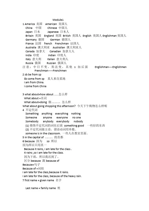 Modules1-2知识点总结  外研版英语七年级上册  
