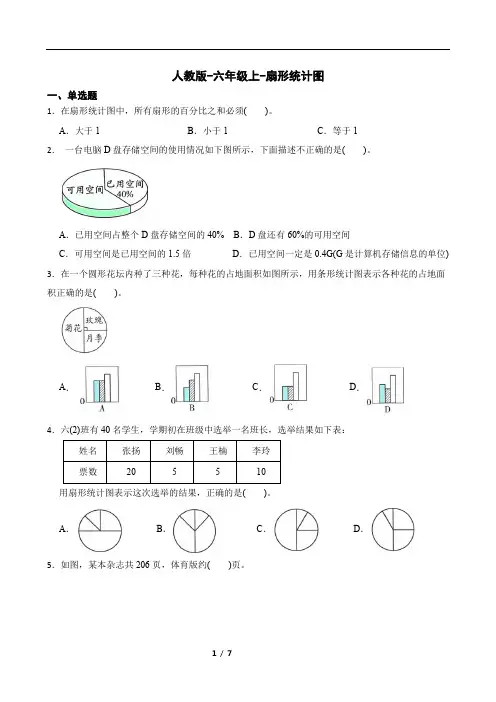 人教版-六年级上数学-扇形统计图单元练习(含答案)