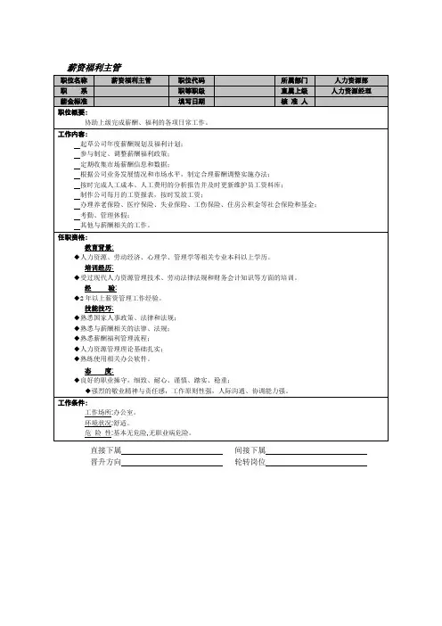锡恩4D绩效考核操作模版 D1 明确岗位责任 薪资福利主管