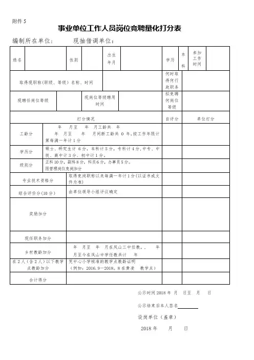 事业单位干部职工竞聘上岗量化打分表