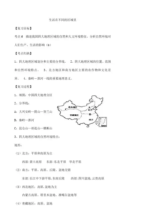 考点6  描述我国四大地理区域的自然和人文环境特征,分析自然环境对人们生产、生活的影响(b)