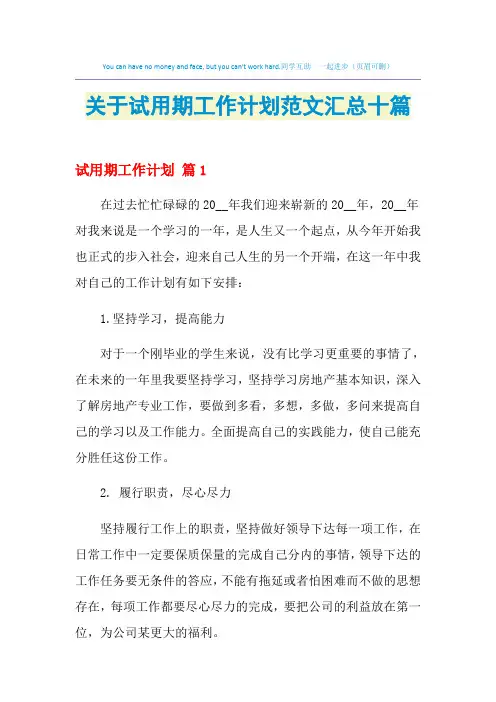 2021年关于试用期工作计划范文汇总十篇