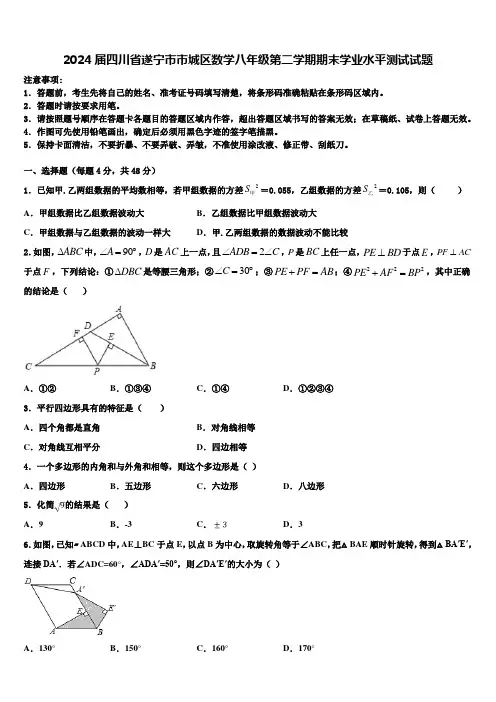 2024届四川省遂宁市市城区数学八年级第二学期期末学业水平测试试题含解析