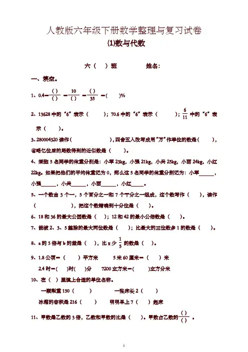 人教版六年级数学下册第6单元整理与复习《数与代数》测试卷题1【精编】