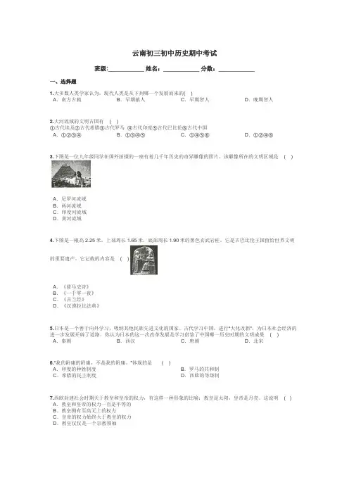 云南初三初中历史期中考试带答案解析
