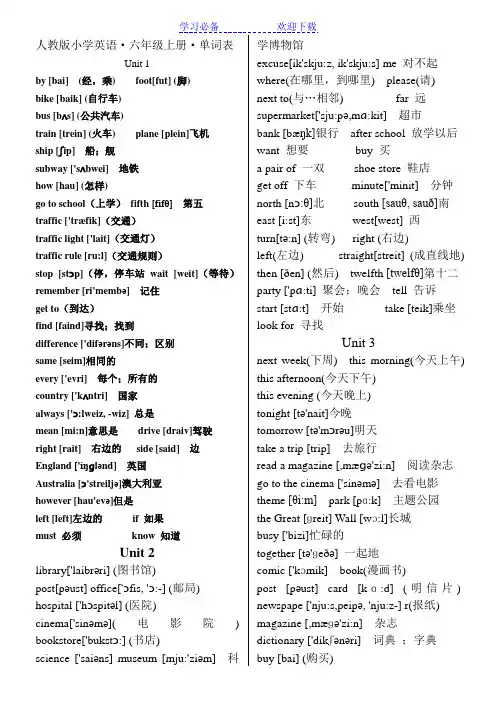 人教版小学英语六年级上下册单词表(带有音标)