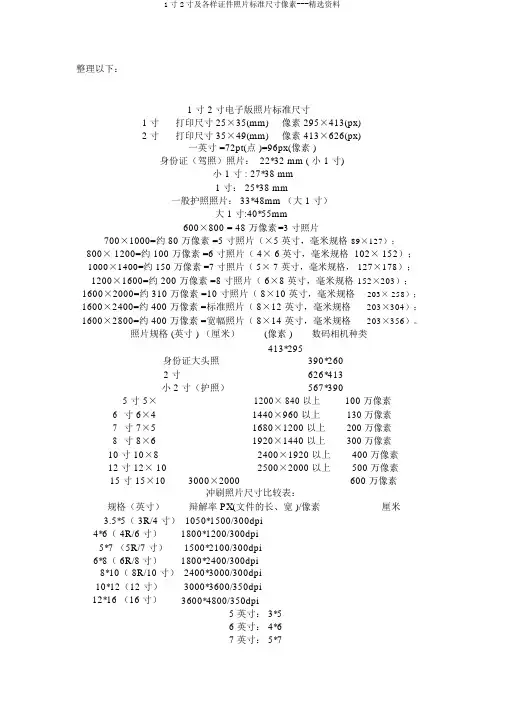 1寸2寸及各种证件照片标准尺寸像素---精品资料