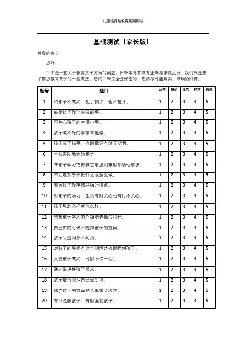 家庭教养方式基础测试(家长版)