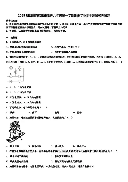 2025届四川省绵阳市物理九年级第一学期期末学业水平测试模拟试题含解析