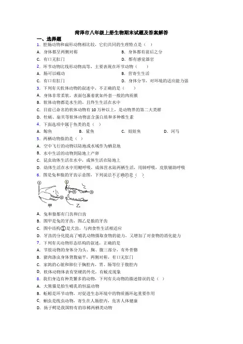 菏泽市八年级上册生物期末试题及答案解答