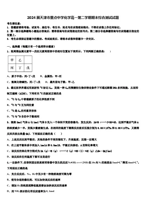 2024届天津市重点中学化学高一第二学期期末综合测试试题含解析