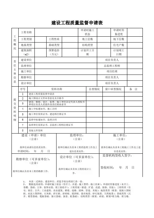 建设工程质量监督申请表