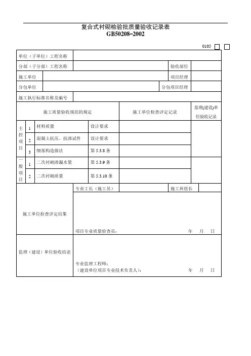 复合式衬砌检验批质量验收记录表