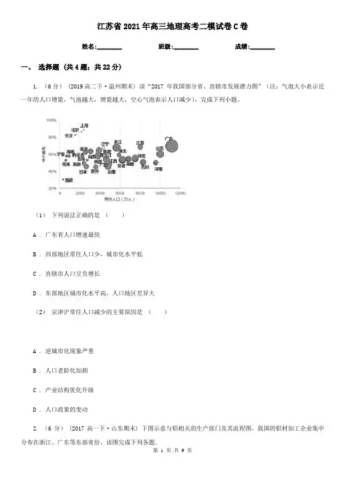 江苏省2021年高三地理高考二模试卷C卷