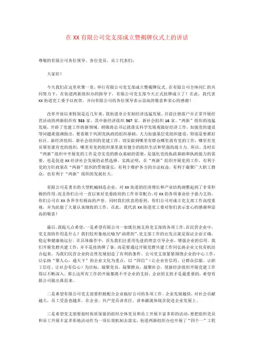 在XX有限公司党支部成立暨揭牌仪式上的讲话