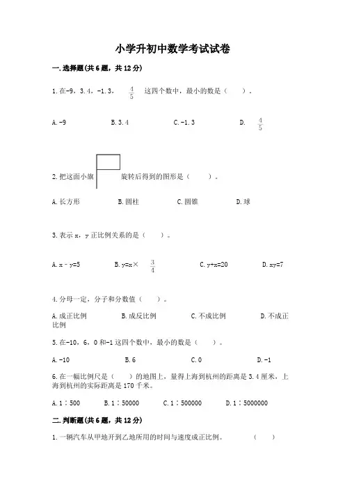 小学升初中数学考试试卷附参考答案(完整版)